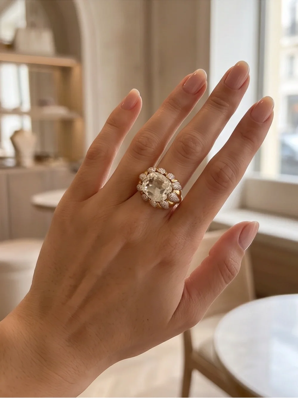 Vintage-Inspired Gold Crystal Cocktail Ring